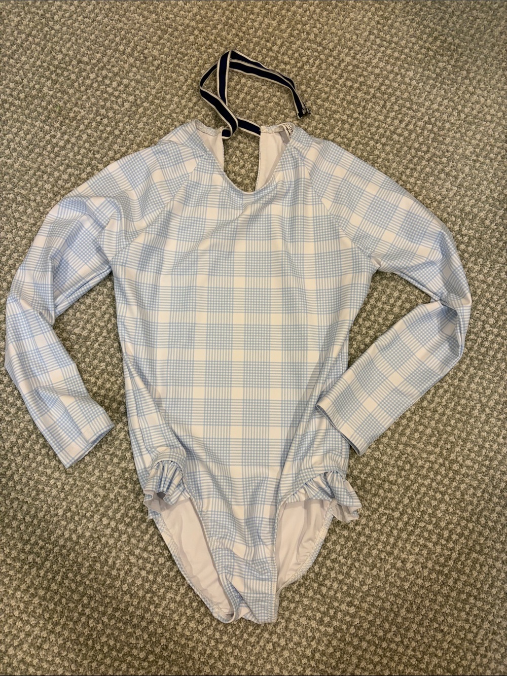 Minnow Long Sleeve Blue Plaid Rash Guard One-Piece Swimsuit SIZE 11/12